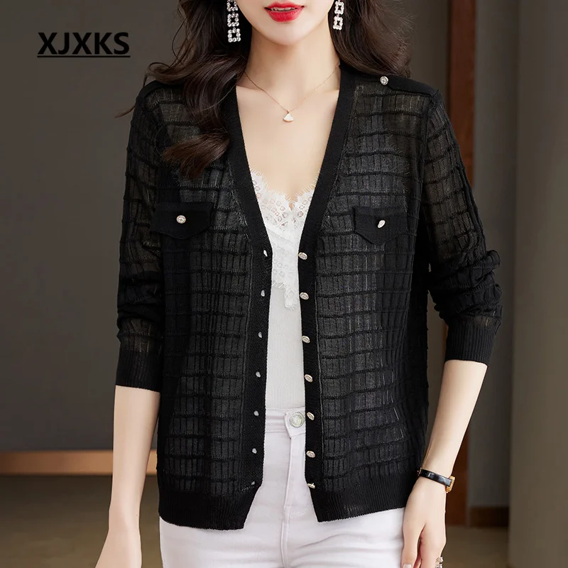 

XJXKS Fashion V-neck Single-breasted Cardigan Women's Knitted Coat 2023 Spring Summer New Comfortable Thin Sweater Jacket