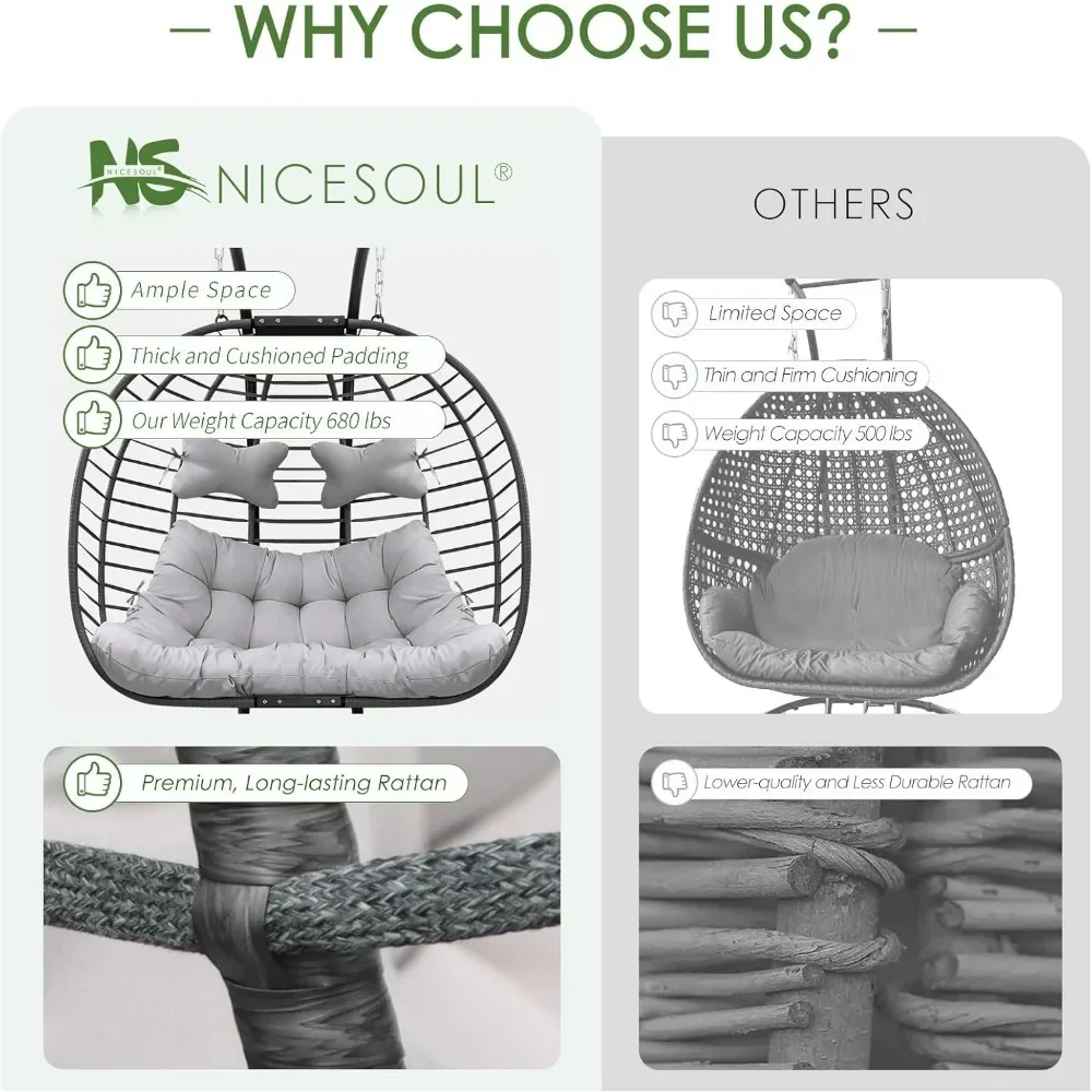 2 Person Double Egg Chair Outdoor Patio Wicker Loveseat Hanging Chair Swing Egg Chairs with Beige Cushions Double Seats 4
