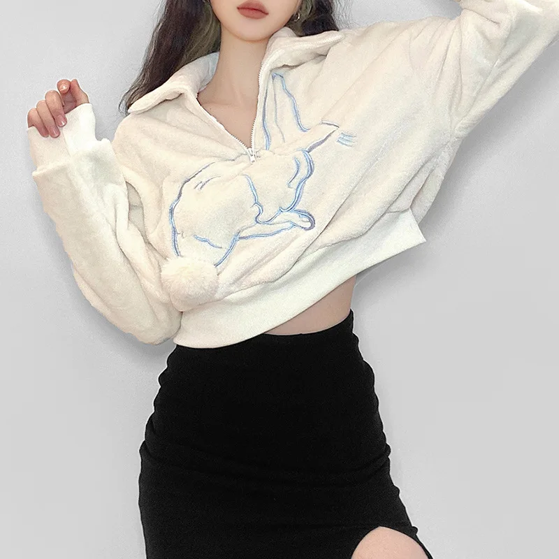 2024 New Woman Apricot Hoodie Fall and Winter New Women's Loose Rabbit Embroidery Pullovers Half Zipper Long Sleeve Sweatshirt
