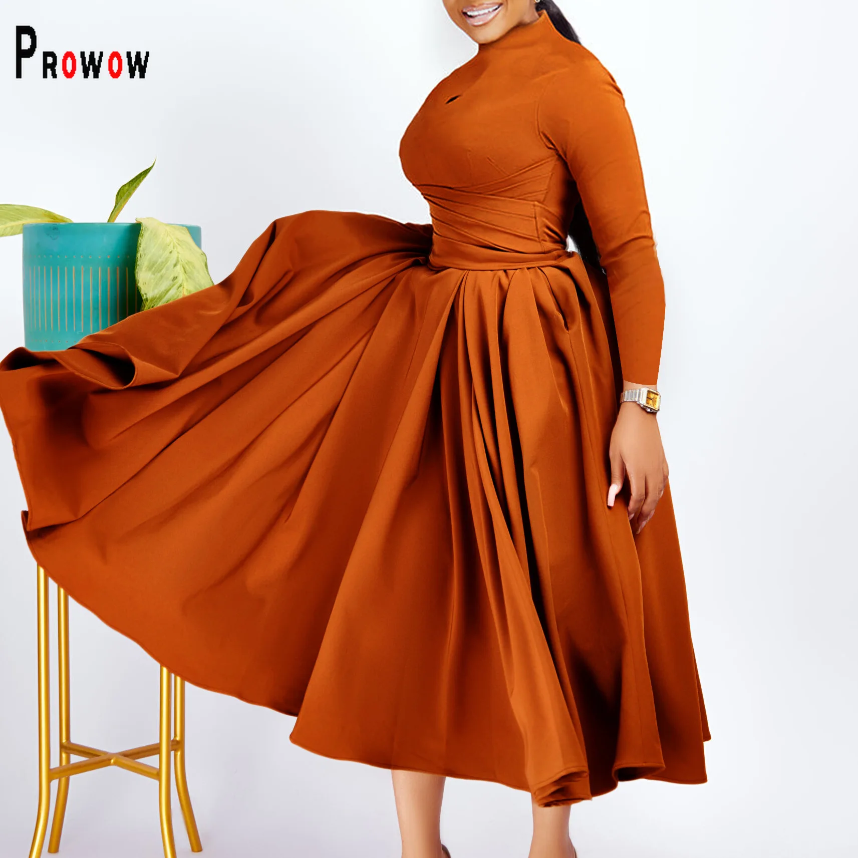 

Prowow Elegant Women Maxi Dress Long Sleeve High Waisted Spring Female Clothing 2024 New Design Solid Color Party Wear Vestidos