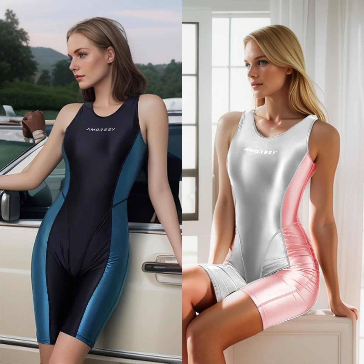 AMORESY Women Glitter Spandex Patchwork Sleeveless Stretch Slim Fit Competition Swimwear Bodysuit Jumpsuit Catsuit Bathing Suit 1