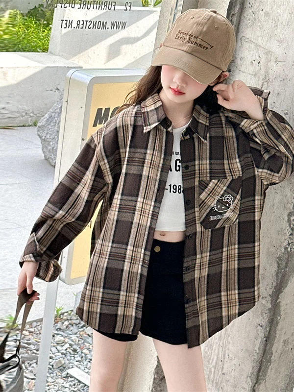 여자 체크 무늬 캐주얼 긴팔 셔츠 봄 가을 유행 체크 무늬 아동 의류 대형  아동복