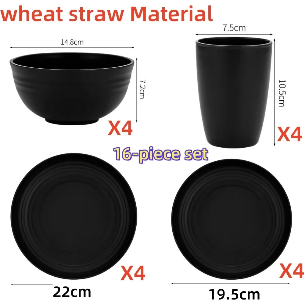 16PCS Wheat Straw PP Cutlery Set Dish and Bowl Set Cutlery Dishwasher Safe Reusable Plates Bowls Cups