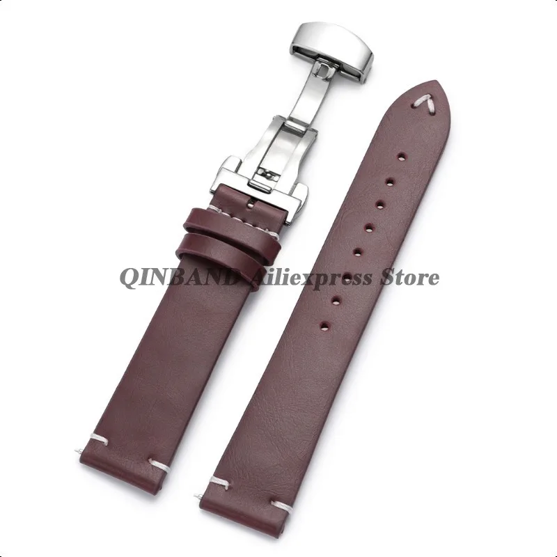 Stainless Steel Butterfly Clasp PU Leather Watchband - Soft Business Bracelet Strap in Black or Brown