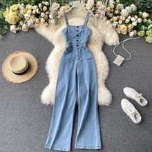 

Vintage Denim Overalls Rompers Women's 2022 Summer Sexy Spaghetti Straps Jumpsuit Jeans Wide Leg Pants Female Holiday Clothing