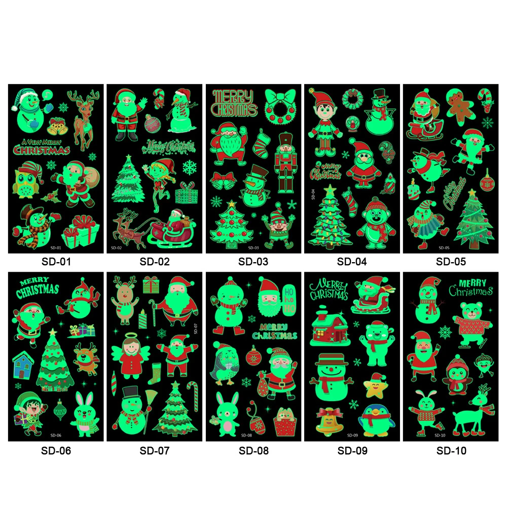 10 Sheets Christmas Temporary Tattoos Mixed Style Tattoo Sticker Waterproof Luminous Tattoo Stickers for Party Decor Supplies