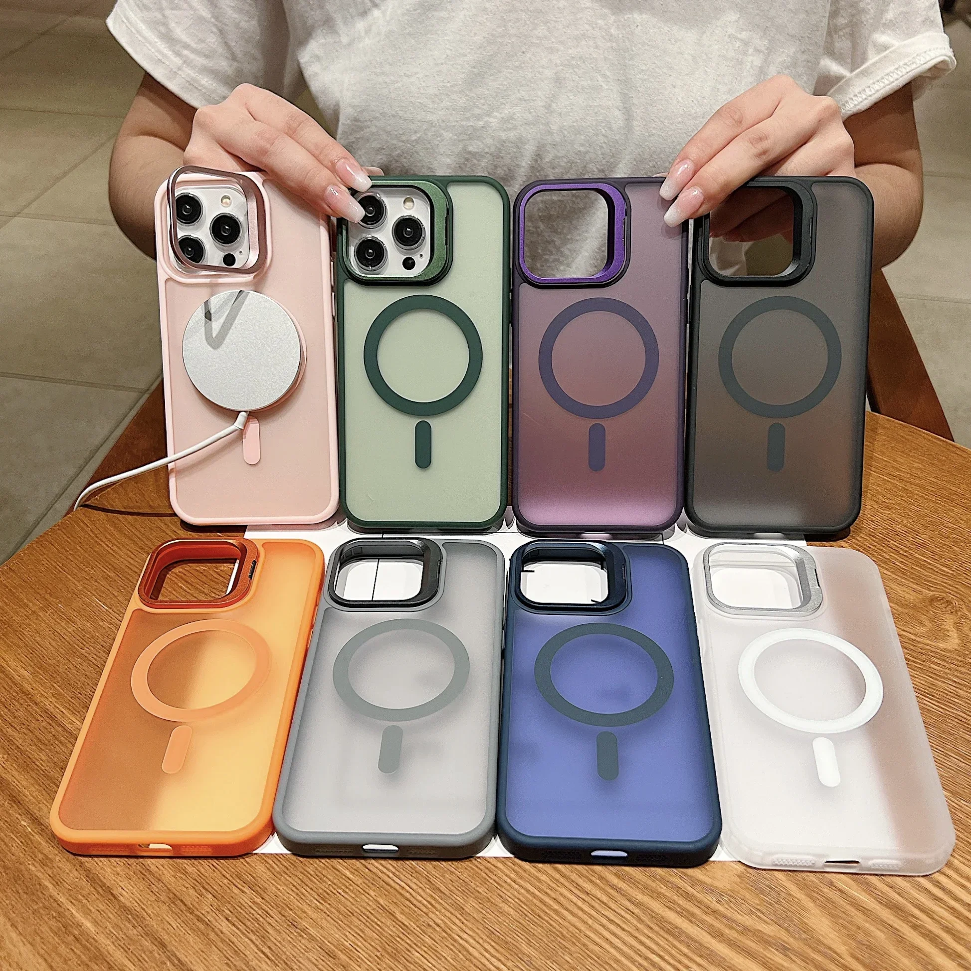 Premium Magnetic Wireless Charging Matte Phone Case with Metal Flip Lens Bracket and Magsafe Compatibility