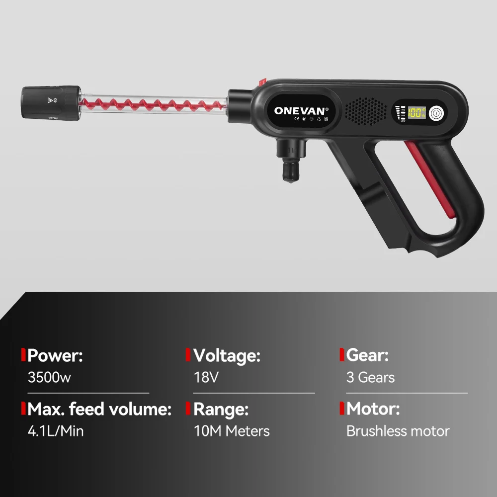 ONEVAN 250Bar Brushless Electric High Pressure Car Washer Gun 4.1L/min Water Cleaner Gun Power Tool for Makita 18V Battery 6