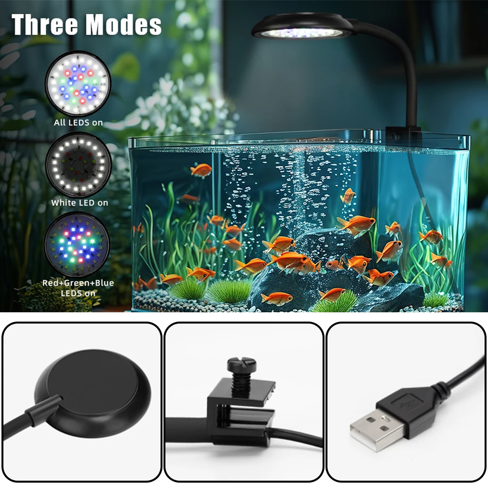 LED Lamp Aquarium Light Aquarium Lamp Mini Clip On Aquarium Light 7W Dimmable Small Fish Tank Light USB Moving Lamp with White Red Blue Green LED for 3-5 Gallon Tanks