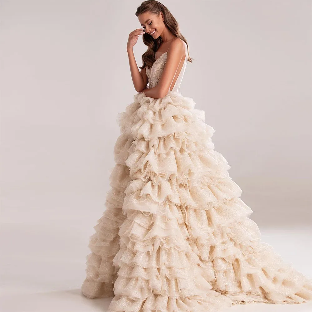 

Nobel Sparkly Shiny Tulle Tiered Prom Dresses Ruffled Long V-Neck A Line Evening Gowns Sequined Formal Party Dress 2022