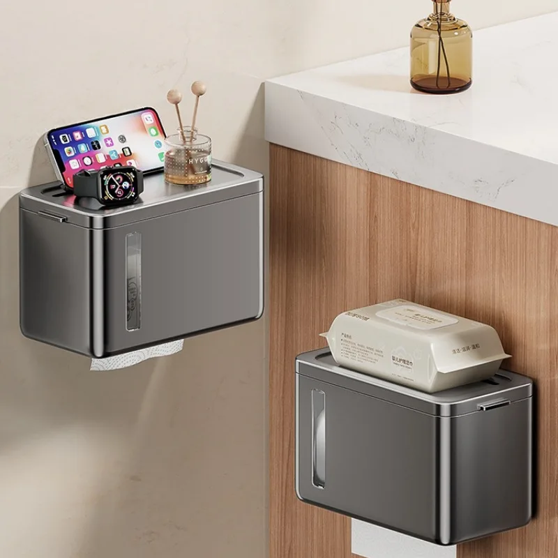 Toilet Paper Holder Tissue Box Wall Mounted Tissue Box Waterproof Toilet Paper Holder with Shelf for Bathroom Kitchen Storage Organizer Plastic Dispenser