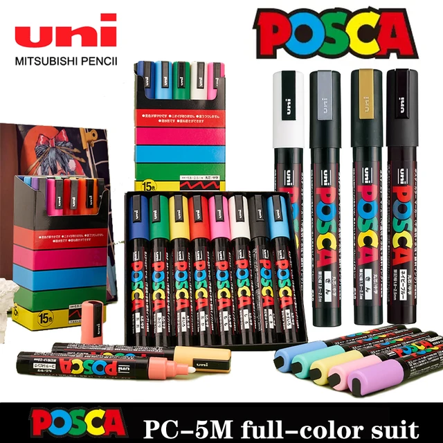 Uni Poscas Acrylic Full Set Marker Pens Permanent Paint Pen PC-1M/3M/5M  Storage Bag Art Stationery Poster Advertising Graffiti