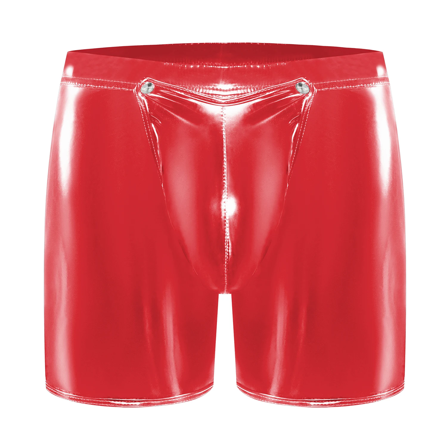 Mens Sexy Open Crotch Shiny Leather Short Pants Button Crotchless Wetlook Leather Fetish Boxer Detachable Buckle Pouch Clubwear