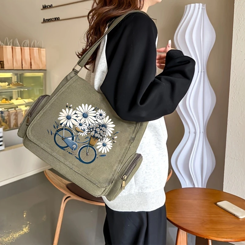 Retro Women's Shoulder Bag Crossbody Bag Messenger Bag Laptop Bag Canvas Daisy Print Large Capacity