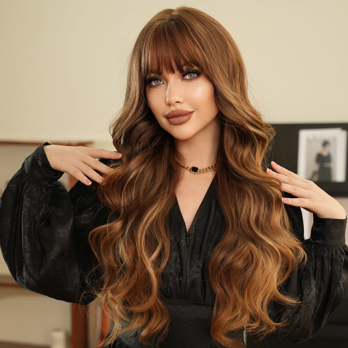 

7JHH WIGS Routine Wigs Long Curly Wave Brown Wigs with Neat Bangs High Density Heat Resistant Synthetic Hair Wig for Women