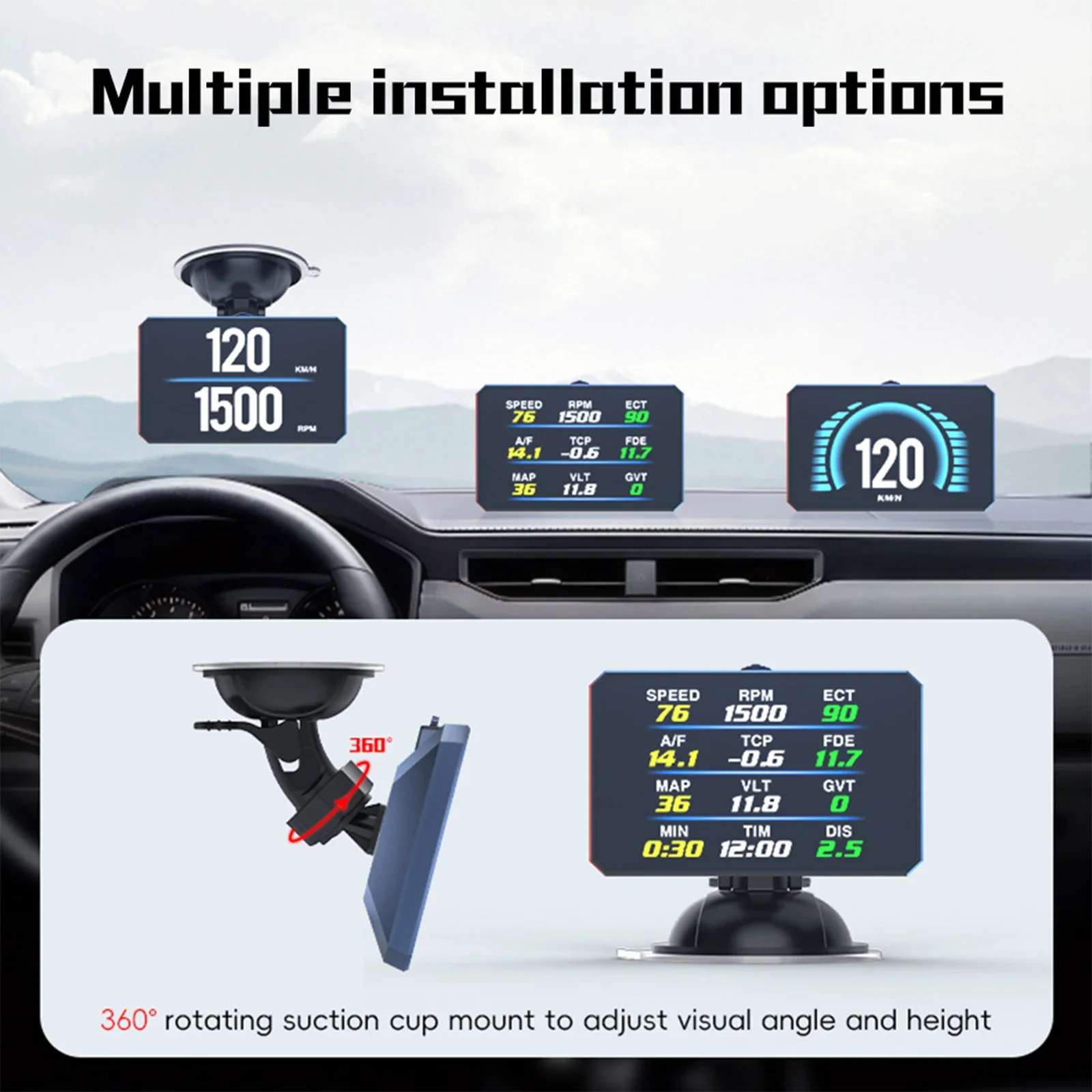 P16 자동차 HUD OBD2 헤드업 디스플레이 디지털 속도계 KMH MPH 타코미터 수온/유온계 터보 압력계 과속 경보