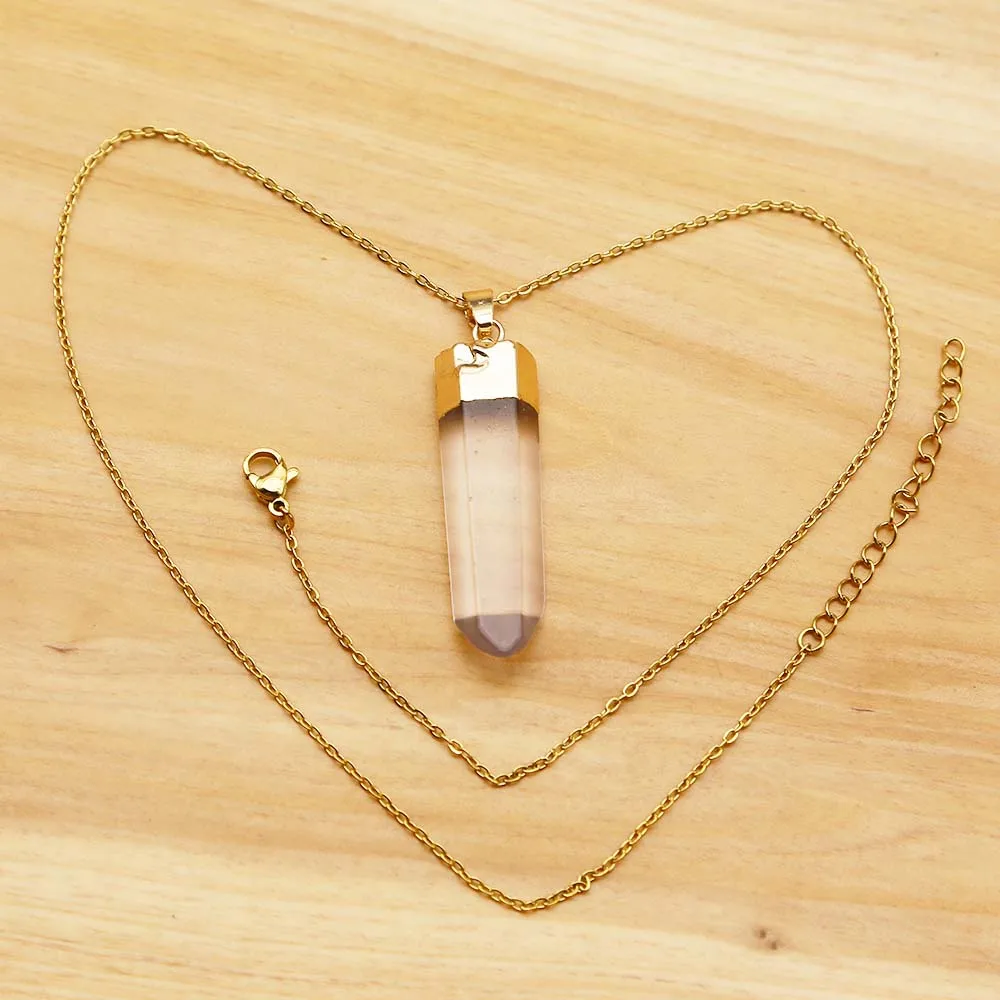 Natural White Crystal Pendant Stainless Steel Gold Plated Chain Necklace Charm Jewelry Men's And Women's Party Accessories 6Pcs