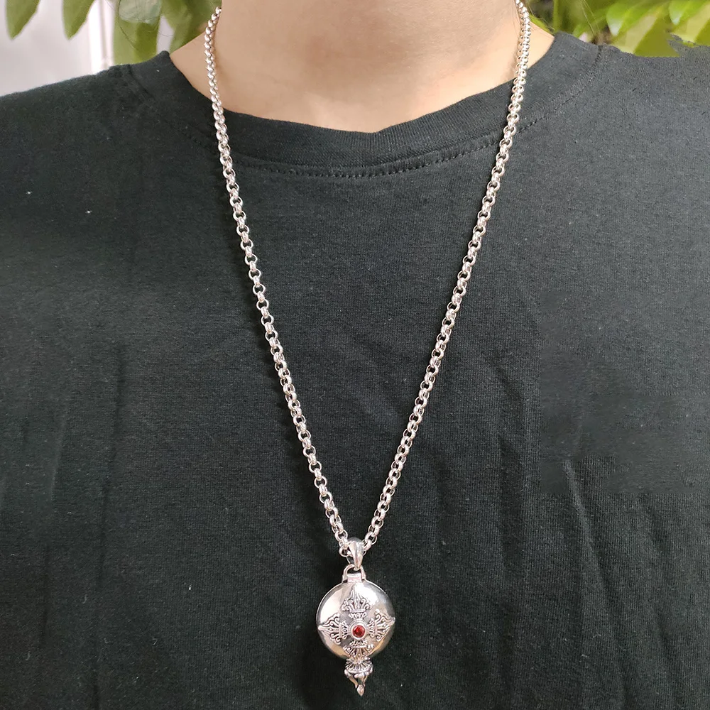 Real 925 Sterling Silver Buddha Pendant Openable Six Words Carving Inlaid Red Zircon Vintage Antique Style Buddhist Jewelry pendant necklace,silver pendant