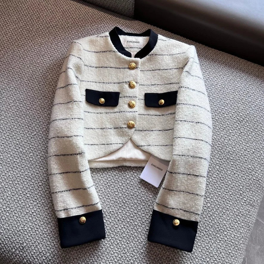 

EVACANDIS Women Autumn Winter New Single Breasted Striped Wool Tweed Short Coat Casual Office Lady Sweet Chic Tops High Quality