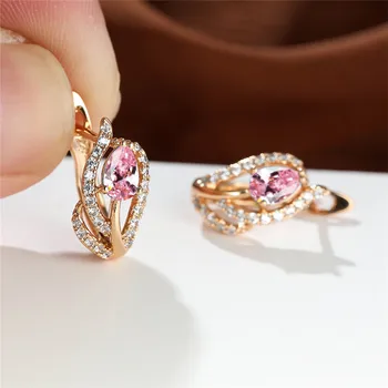 Cute Female Pink Zircon Stone Hoop Earrings Trendy Gold Color Wedding Jewelry For Women