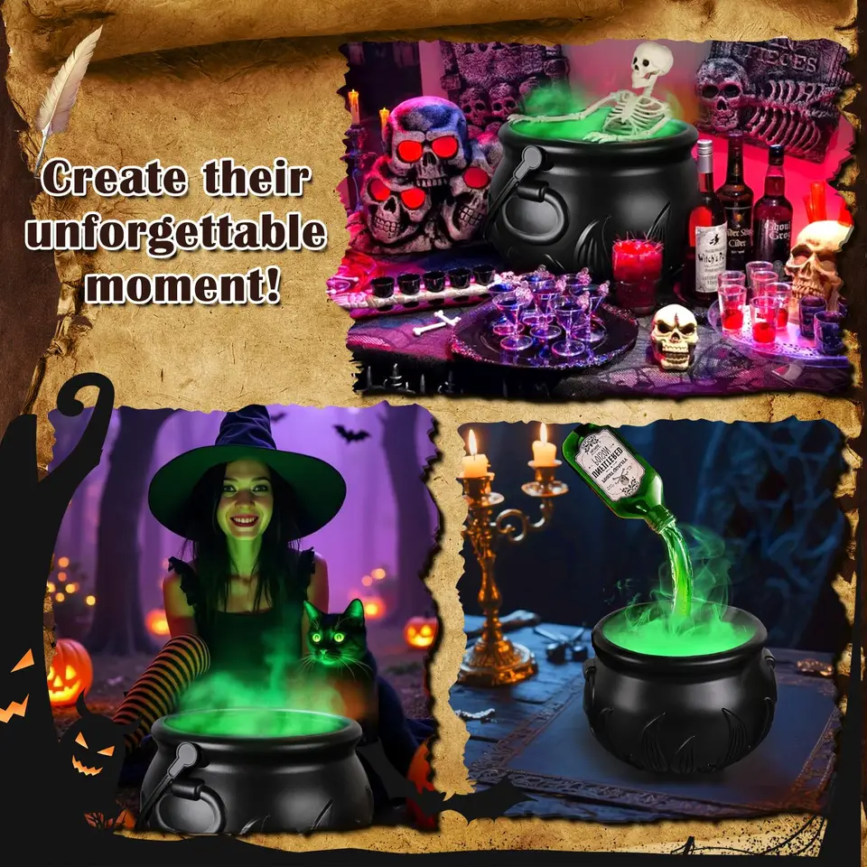 Calderone Per Pozione Scheletrata Di Halloween – 20 Cm Con Bottiglie Galleggianti E Effetto Bolle – Decorazione Da Esterno Per Festa Stregata