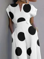 Yeezzi Women's Fashion Polka Dot Wide Leg Jumpsuits Short Sleeve High Waist Loose Fit Pockets Elegant Party Office Overalls - Image 3