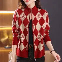 Cardigan Zipper Printing Patchwork Women's Clothing Loose Autumn Winter Thin Long Sleeve Straight Streetwear O-neck Sweaters