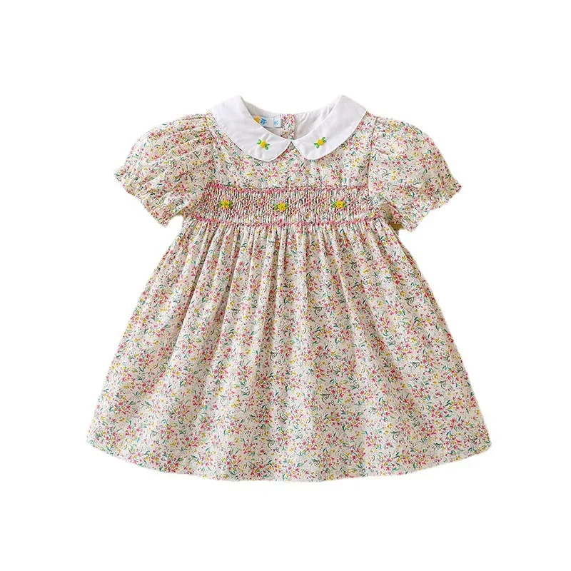 

2024 New Little Girls Smock Short Sleeves Dress Children's Flower Smocking Dresses Embroidery Summer Baby Floral Frock Kids