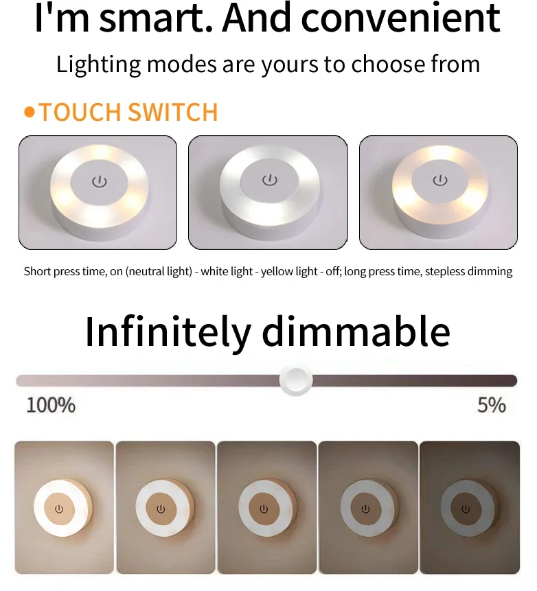 Night Light LED USB Rechargeable 3 Color Dimmable Wall Lamp Wireless Bedroom Kitchen Cabinet Wardrobe Staircase