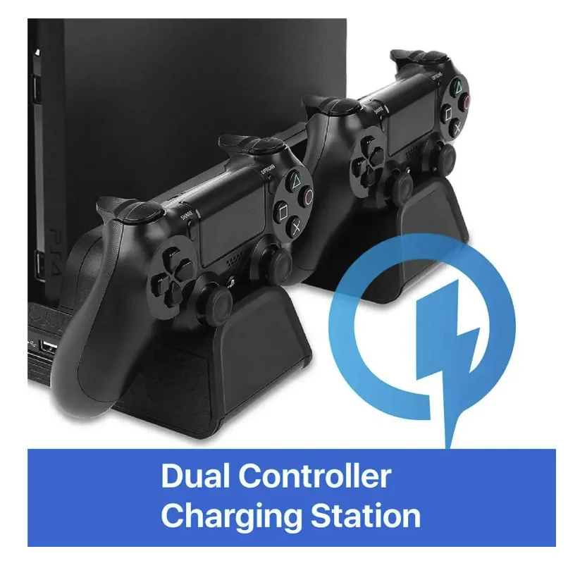 PS4 슬림 프로용 냉각 스탠드, 컨트롤러 충전 스테이션 핸들 충전기 도크, 디스크 슬롯 게임 카드, 플레이스테이션 4 용