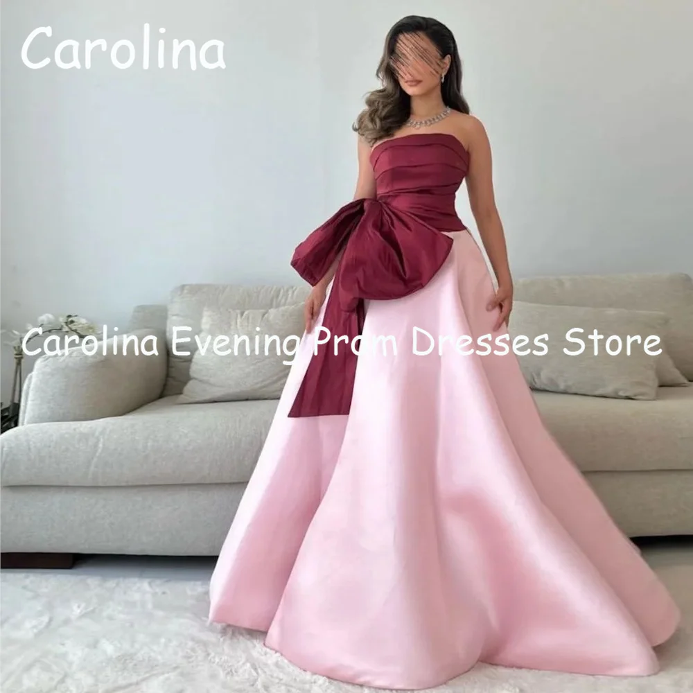 Carolina Satin A-line Strapless Ruffle Arab Prom Gown Bow Floor Length Saudi Evening Formal Elegant Party Dress for Women 2023