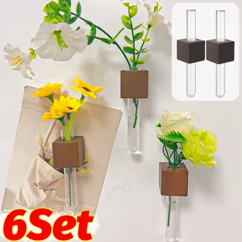 6/1 set piccolo vaso magnetico set di tubi di plastica in legno composizione floreale fai da te vaso adesivo per frigorifero decorazione della cucina di casa vaso 1