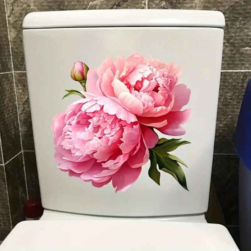 Blooming Pink Peony Toilet Sticker Bathroom Home Decoration Wall Sticker Decoration Sticker For Door Refrigerator Window