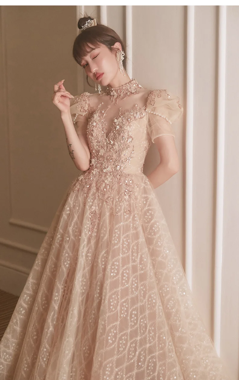 Luxury Champagne Evening Dresses For Formal Party 2021 Vintage High Neck Ball Gown Floor-Length Long Engagement dress long sleeve maxi dress formal