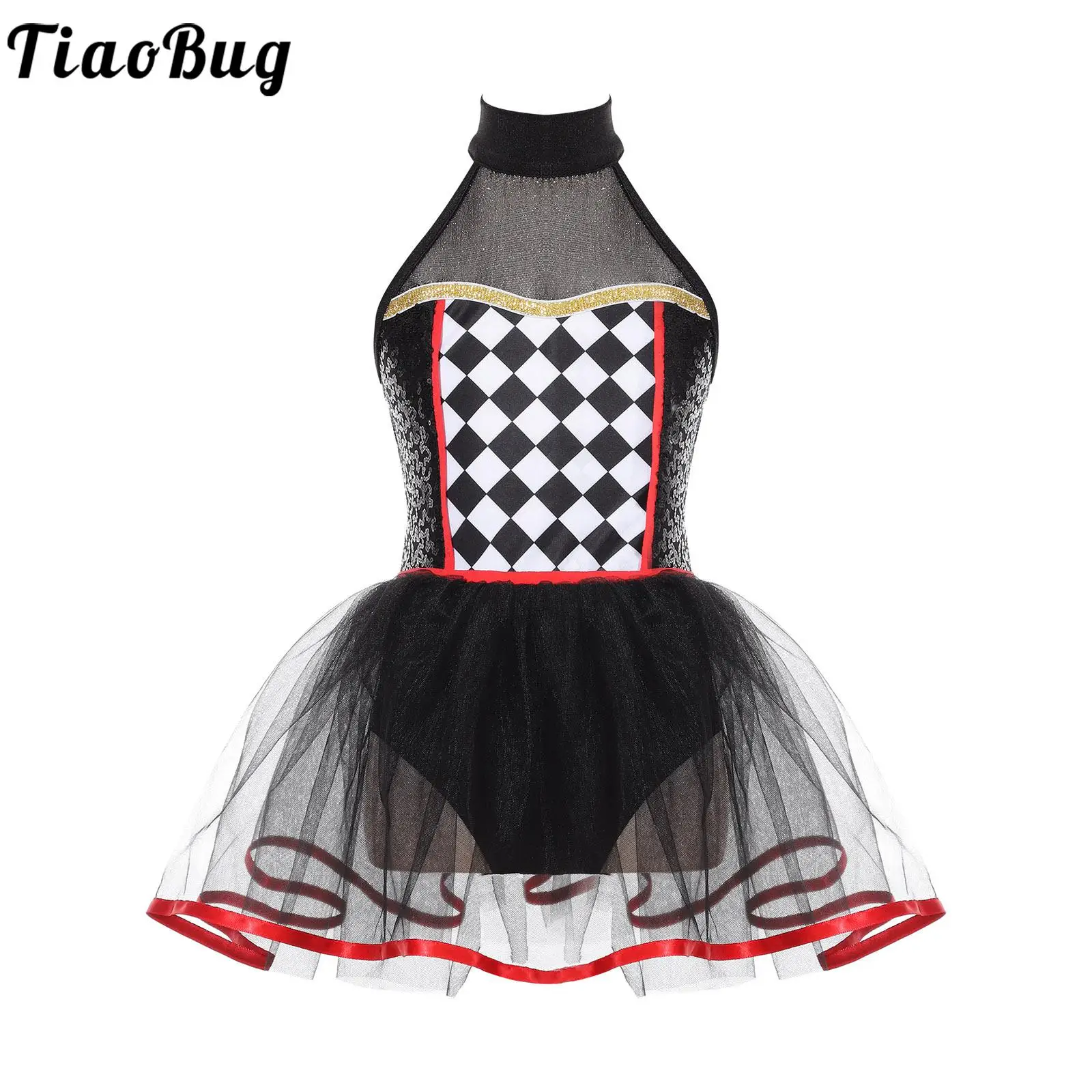 

Kids Girls Halloween Doll Clown Costume Halter Neck Checkerboard Sequins Tutu Leotard Dress Carnival Party Cosplay Dancewear