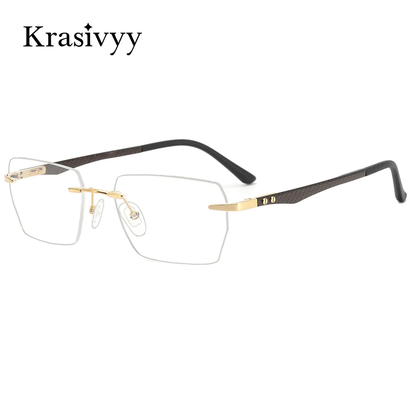 Krasivyy Carbonfaser Randlose Brillengestelle für Herren Beta-Titan Quadratisch Ultraleicht Casual Brillen Markenqualität Optische Brillen