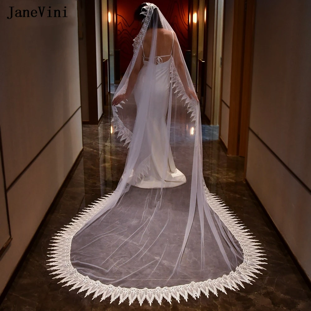 

JaneVini Luxury Europe White Ivory 3M Long Full Edge Lace Wedding Veil 1 Layer Tulle Bridal Veils with Comb Wedding Accessories