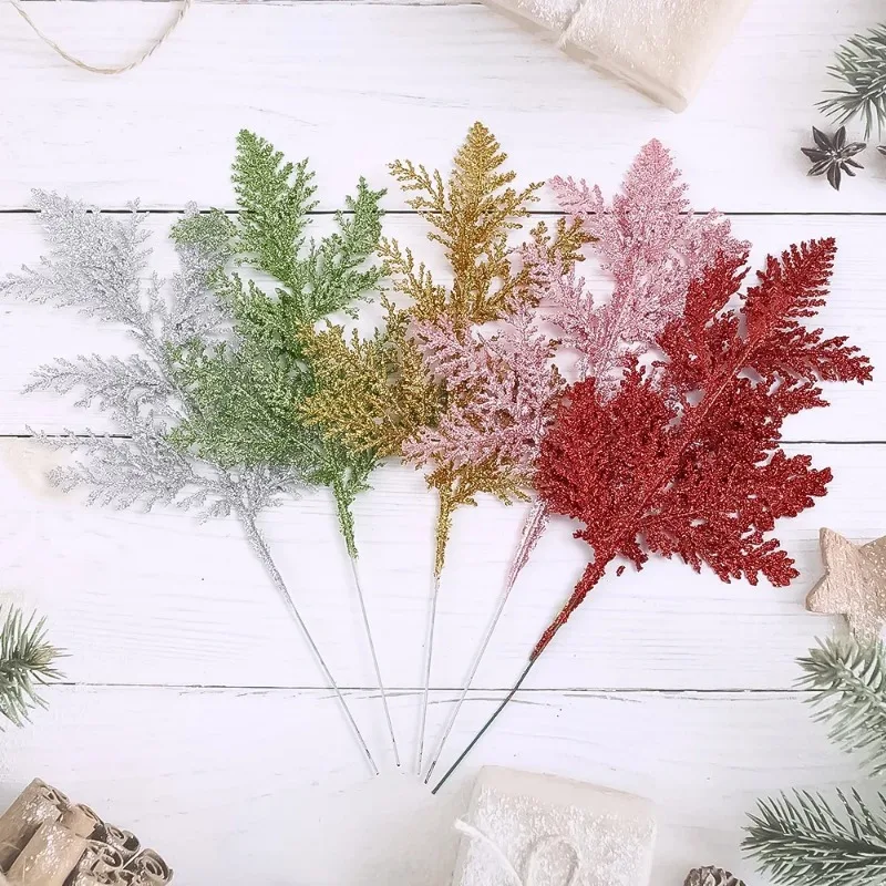 Christmas Glitter Gold Silver Leaves 10/5Pcs Xmas Tree Decoration Pendant Artificial Plants Pine Branches New Year Decoration christmas decorations