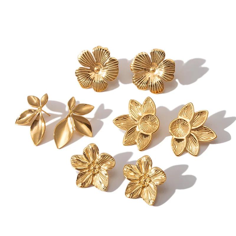 Keen-on Fashion Stainless Steel Metal Flower Stud Earrings Hot Style Waterproof Texture Trendy Jewelry 18K Gold Color Plated 5
