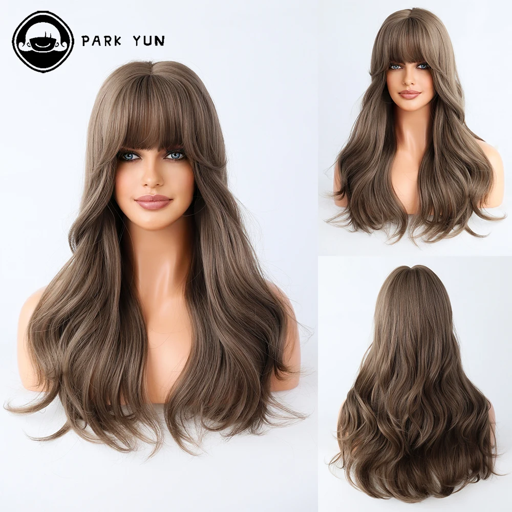 Dark Brown Daily Use Side Bangs Long Curly Wig Heat Resistant Synthetic Fiber Natural Women Wig Party Cosplay Lolita Fake Hair