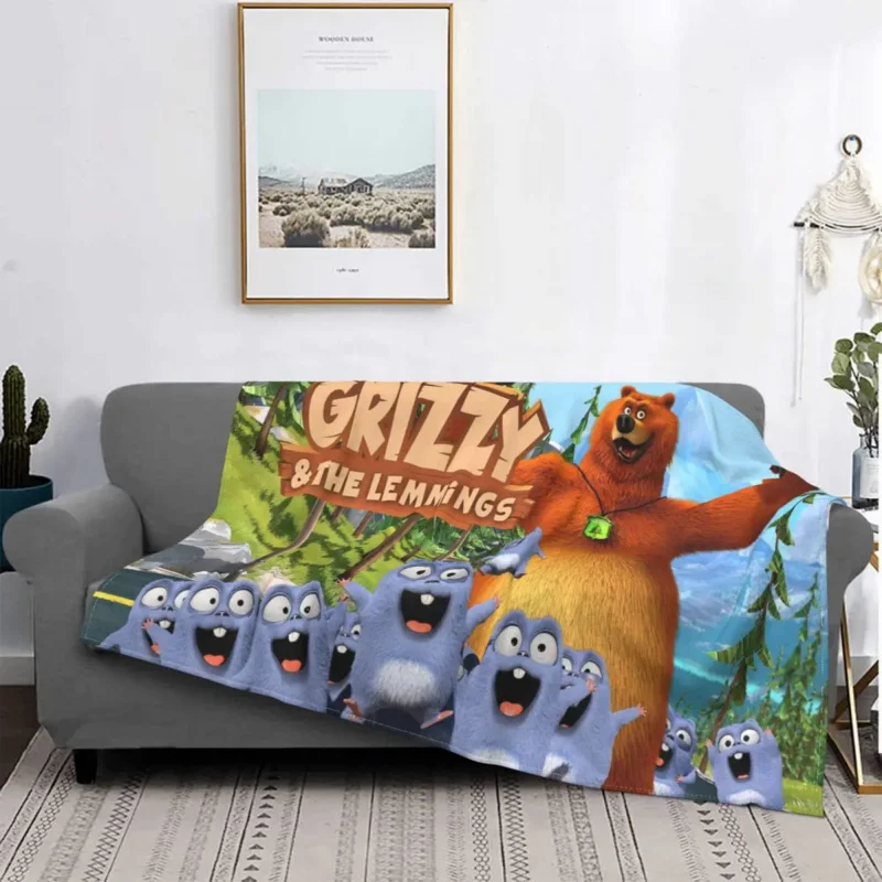 

Grizzy And The Lemmings Blanket Coral Fleece Plush Printed Bear Anime Manga Soft Throw Blanket for Sofa Travel Quilt