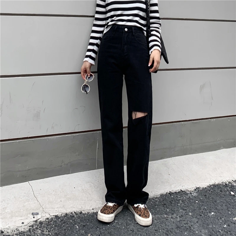 Black Ripped Hole Jeans Women's High Waist Comfortable Straight Loose Pants Ladies Office Wear Thin Wild Trousers Ins Streetwear cargo pants for women