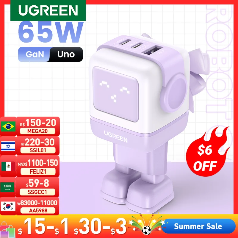 Новинка! UGREEN 65 Вт GaN зарядное устройство с роботом дизайн Быстрая зарядка 4,0 3,0 PPS для iPhone 15 14 13 Pro Macbook ноутбук планшет PD Быстрая зарядка
