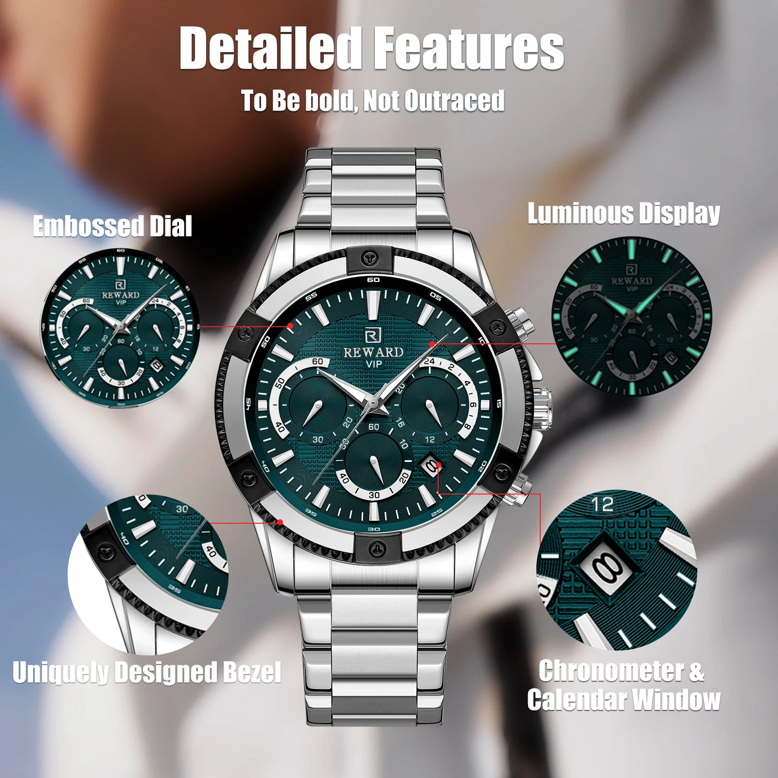 REWARD Casual Watch for Men Luxury Stainless Steel Wristwatch Fashion Quartz Analog Waterproof Luminous Date Mens Wrist Watches