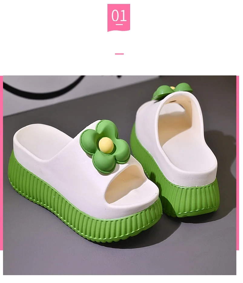 2024 Green flower high platform slippers women's anti odor summer slide shoes college student gilrs increased slipper mules shoe