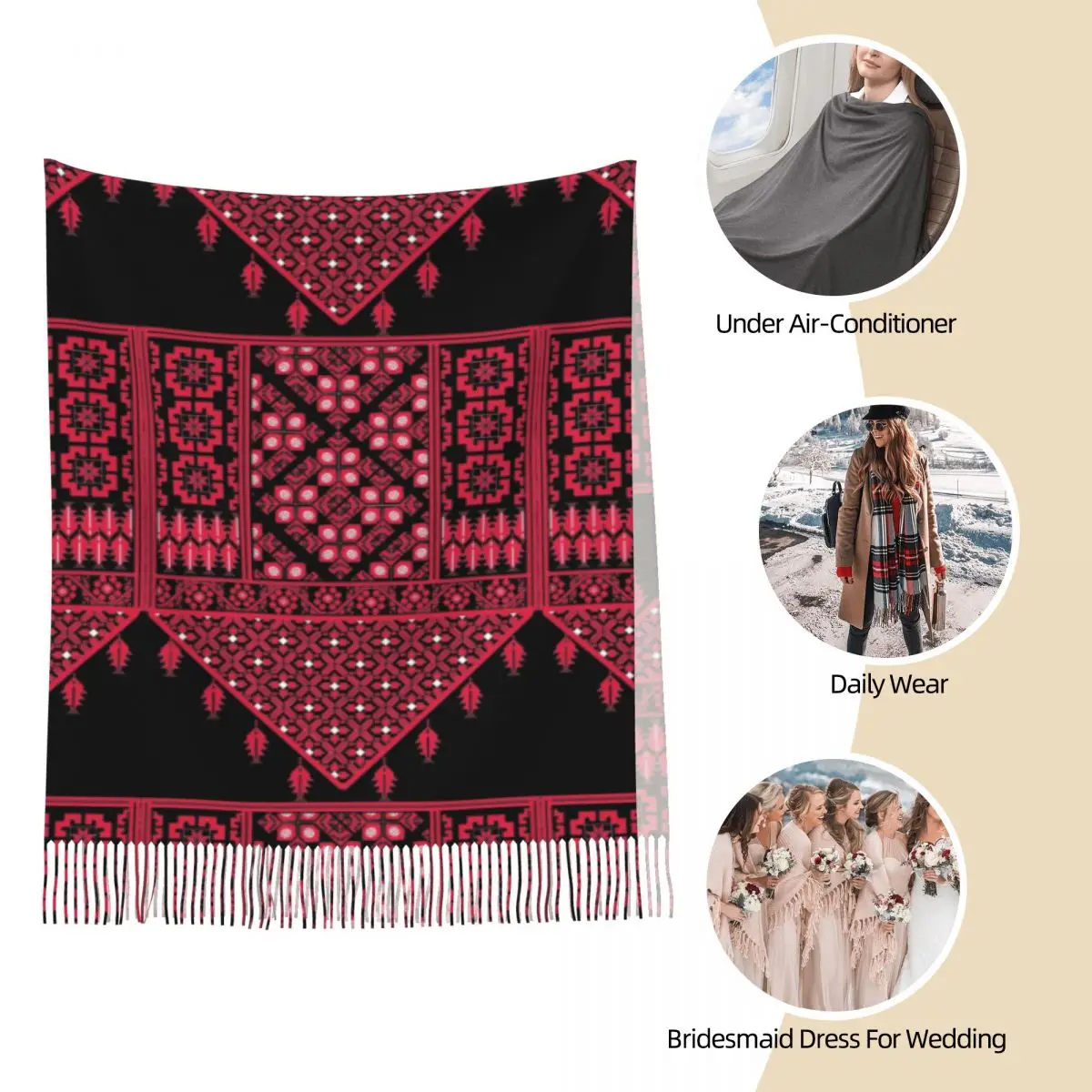 Palestinian Tatreez Printed Shawls Wraps for Women Winter Large Soft Scarf Neckerchief Tassel Scarves