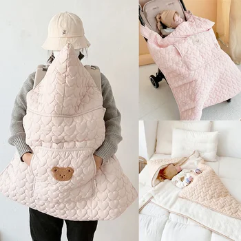Windproof Baby Stroller Blanket Thick Fleece Sling Cover Bear Bunny Winter Newborn Swaddle Wrap Hooded Infant 1