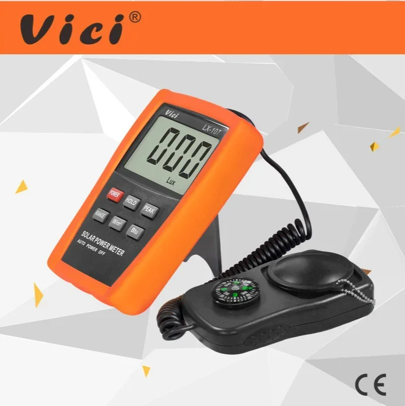 Vici Solar Power Meter LCD BTU Light Radiation Tester Compass Optical Solar Research Glass Light Intensity Data Peak Hold LX107 3