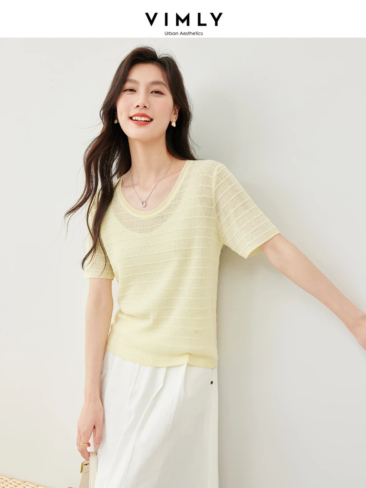 

Vimly Summer Round Neck Jacquard Knitted Top 2024 Light Yellow Thin Short Sleeve Casual Knit T-shirts Woman Pullovers 72901