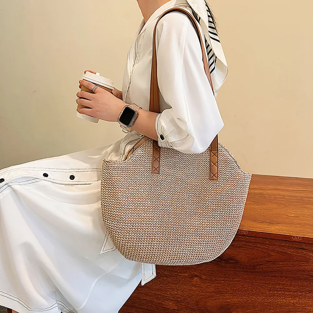 Straw Beach Women Handbag Handmade Woven Summer Vacation Casual Shoulder Bags